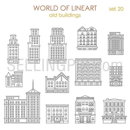 Architecture historic old buildings graphical line art style icon set. World of line art collection.