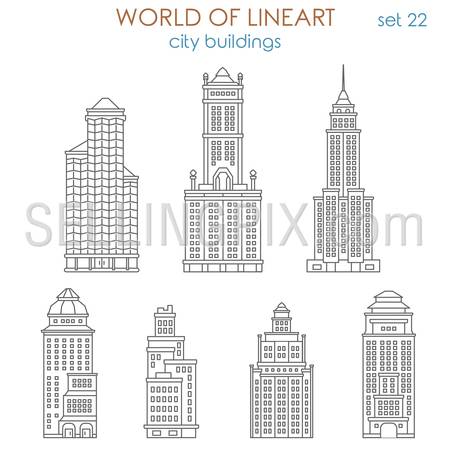 Architecture city public municipal mall business center historic old skyscraper estate building graphical line art style icon set. World of lineart collection.
