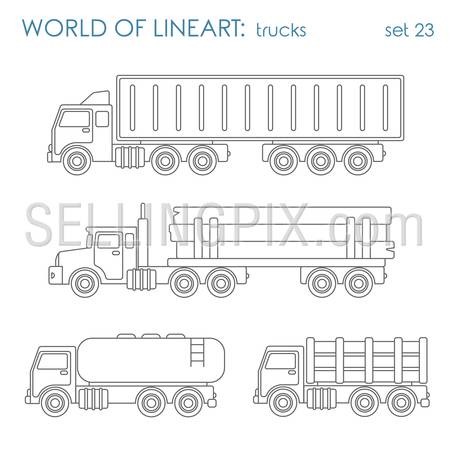Transport cargo log oil cistern graphical lineart hipster set. Line art collection.