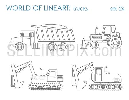 Construction transport graphical lineart hipster set. Tipper excavator tractor grader. Line art collection.
