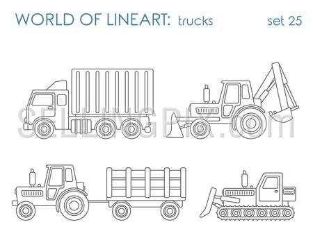 Construction municipal transport graphical lineart hipster set. Tipper excavator tractor grader. Line art collection.