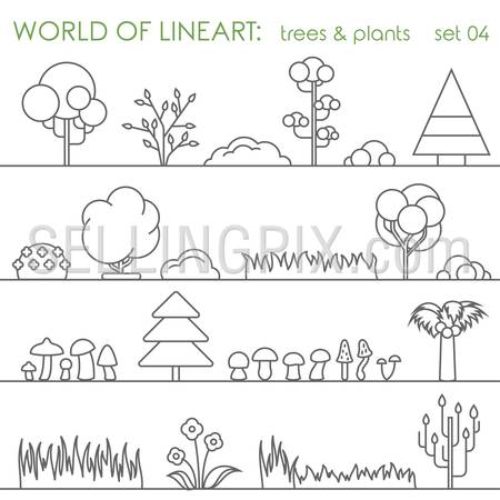 Tree natural plant graphical lineart hipster set. Line art collection.