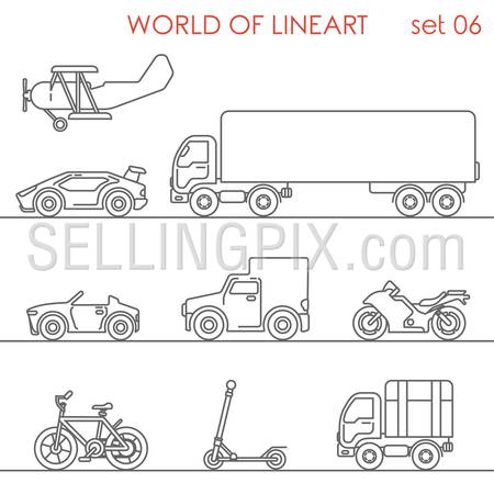 Transport aerial road moto bicycle kick scooter motor plane graphical line art style icon set. World of lineart collection.