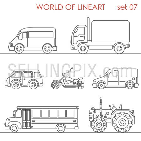 Transport aerial road moto tractor school bus graphical lineart hipster set. Line art collection.