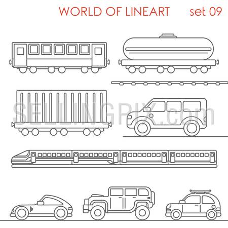 Transport railroad road wagon cistern container jeep graphical lineart hipster set. Line art collection.