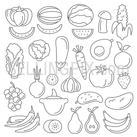 Line art flat graphical style fancy quality set of fruit and vegetable set hipster style. Apple lemon pomegranate pineapple avocado orange plum coffee bean mushroom lime melon corn peas beets celery sprouts. Line art collection.