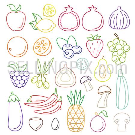 Line art flat graphical style fancy quality fruit vegetable icon set. Apple lemon pomegranate orange mushroom berry grapes chili pepper eggplant pineapple pear olive strawberry. Lineart collection.