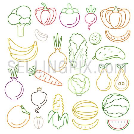Line art flat graphical style high quality fruit vegetable icon set. Pumpkin pepper corn carrots melon peas. World of lineart collection.