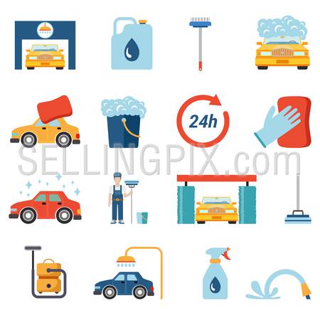 Flat style car wash cleaning service icon set. Wax foam detergent shower water shampoo vacuum cleaner worker stand conceptual icons.