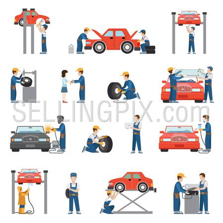 Flat style car repair service tire fitting diagnostics vehicle painting welding lift window replacement spare parts worker stuff at work icon pack set. Transport business services objects collection.