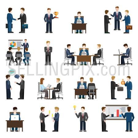 Flat style modern business situations businessmen people big icon set. Meeting success report training manager operator chat investment support discussion session idea workplace reception negotiations