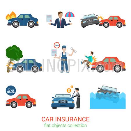 Flat style modern car insurance icon pack set. Accident damage loss injury harm defect evacuator tow truck robbery policy salvage certificate worker manager. Transport service flat collection