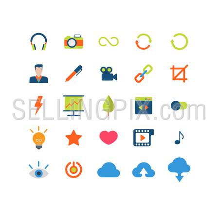 Flat style modern mobile web app interface icon pack set. Music photo camera loading reload sign user profile video link chain crop statistics wizard favorites like cloud upload download application.