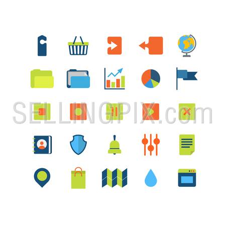 Flat style modern mobile web app interface icon pack set. Label cart upload download globe folder chart graphic flag shield address book settings options document pin map bell window bag application.