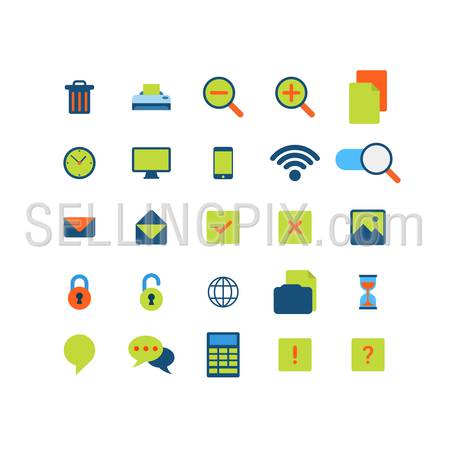 Flat style modern mobile web app interface icon pack set. Trash can printer zoom copy clock schedule mobile wifi sign email message picture lock unlock loading hourglass chat calculator application.