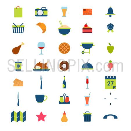 Flat style modern food beverage eat drink cafe restaurant booking meal time mobile web app interface icon pack set. Calendar schedule photo rating certificate cutlery donut tart meat wine application.