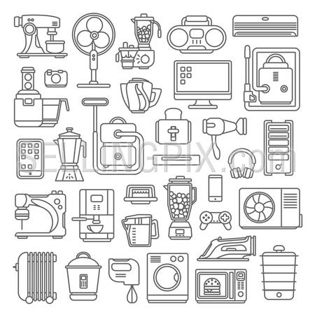 Line art style flat graphical set of home kitchen electronic device web site mobile app icons. Climate computer sewing washing coffee machine cooking blender boiler ironing. Lineart world collection.