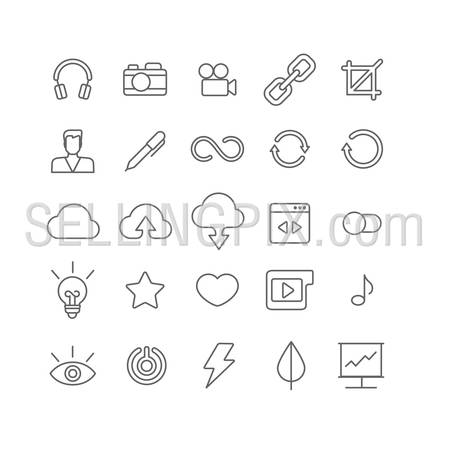 Line art style flat graphical set of web site mobile interface app icons. Music headphones camera video link crop user profile edit loading reload cloud upload download. Lineart world collection.