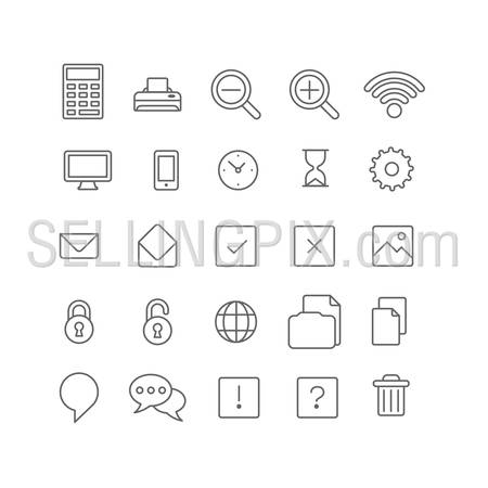 Line art style flat graphical set of web site mobile interface app icons. Calculator printer zoom wifi clock hourglass cog email picture lock unlock chat copy delete help FAQ. Lineart world collection