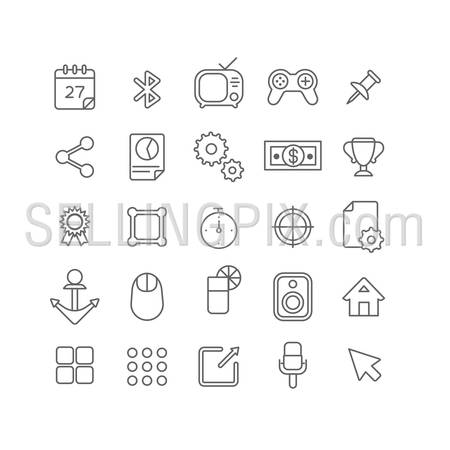 Line art style flat graphical set of web site mobile interface app icons. Calendar bluetooth TV money timer game pin share sign stats trophy winner certificate anchor cogs. Lineart world collection.