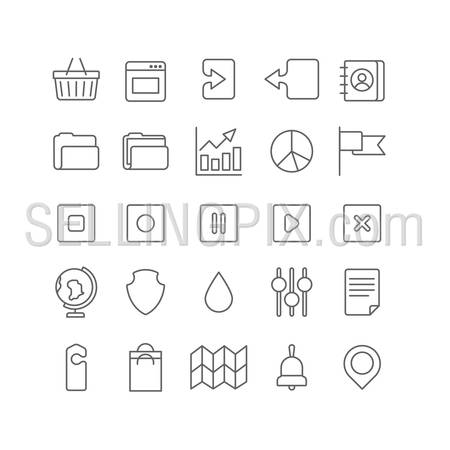 Line art style flat graphical set of web site mobile interface app icons. Shopping cart window upload download address book folder chart graphic pie flag shield globe setting. Lineart world collection