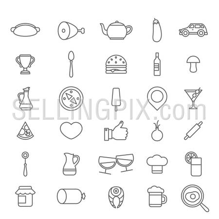Line art style flat graphical set of web site mobile interface cafe restaurant fastfood pizzeria locator booking rating app icons pack. Hot dog tea burger wine beer cocktail. Lineart world collection.