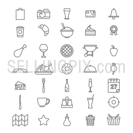 Line art style flat graphical set of web site mobile interface cafe restaurant fastfood pizzeria locator booking rating app icons pack. Dessert barbecue BBQ donut cheese. Lineart world collection.