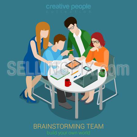 Brainstorming creative team people flat 3d web isometric infographic concept vector. Advertising agency app development process. Teamwork around table laptop chief art director designer programmer