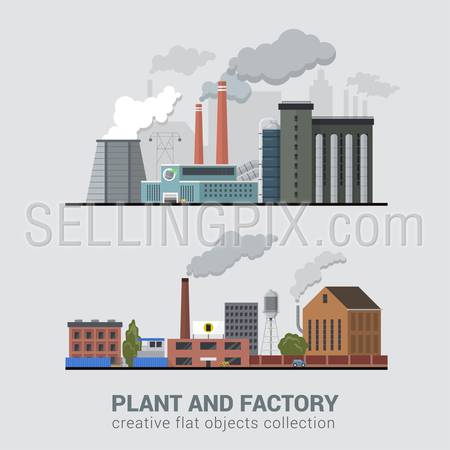 Flat style modern multi color set of stylish pollutive heavy industry plant factory manufacture buildings production business process. Eco unfriendly hostile atmosphere pollution chimney smoke concept