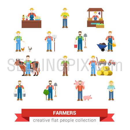 Flat style set of farm profession worker people web icons. Farmer agronomist agronome agriculturist market seller chicken pig breeder harvester milkmaid beekeeper milker. Creative people collection.