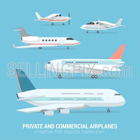 Flat style set of commercial and private airplanes. Business jet light motor plane medium-range transcontinental aircraft. Creative aerial transport collection.