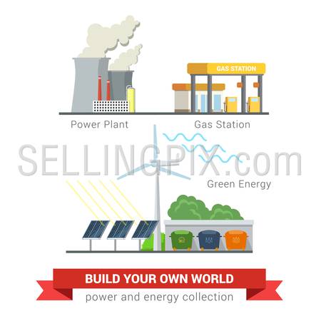 Flat style set of power eco friendly green energy concept icons. Power plant chimney smoky smog gas refill station sun battery wind mill separate waste collection. Creative energetics collection.