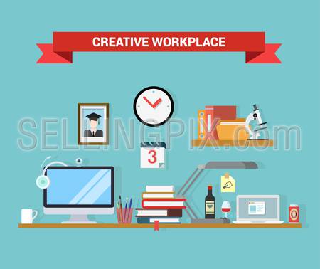 Flat style home office interior computer laptop graduate student workplace objects concept. Outsourcing distant work telework vector conceptual illustration. Web site infographics elements collection.