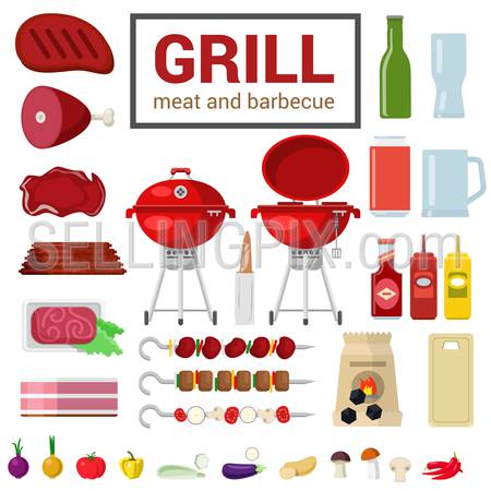 Flat style high detail quality icon set of grill meat barbecue BBQ objects. Сharcoal cutting board eggplant pepper onion ketchup mustard skewer kebab. Food beverage cooking kitchen outdoor collection.