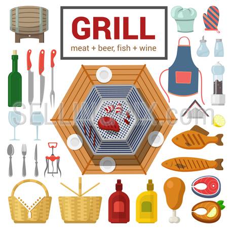 Flat style high detail quality icon set of grill meat fish barbecue BBQ steak object. Wine cutlery glass salt pepper ketchup mustard chicken leg corkscrew. Food beverage cooking outdoor collection