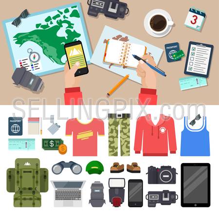Flat style travel blog icon set. Top view table. Camera lens notes tablet smart phone clothes speedlight laptop backpack binocular money passport ticket lighter cigarette. Holiday vacation concept.