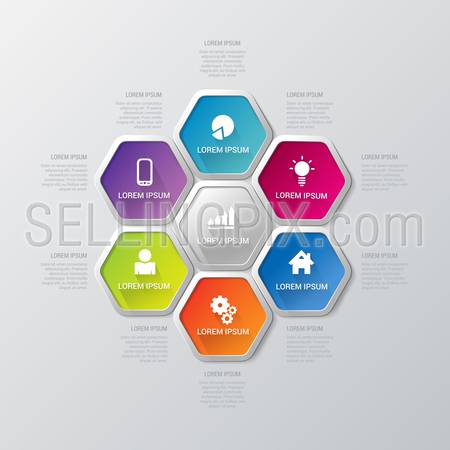 Simple multicolor 7 step honey cell honeycomb hexagonal process steps labels infographics mockup template. Infographic background concepts collection.