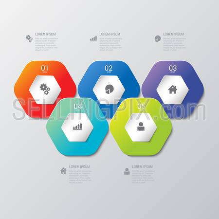 Simple multicolor 5 step honey cell honeycomb hexagonal process steps labels infographics mockup template. Infographic background concepts collection.