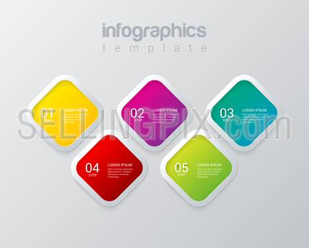 Infographics design vector template. Multicolor 5 step square rhombus cell process steps labels mockup template. Infographic background concepts collection.