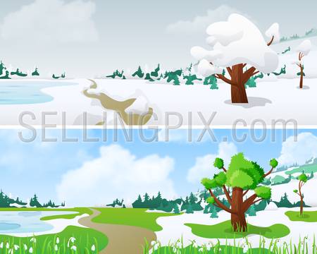 Tree on Landscape in Seasons: winter, spring Floral background changing seasons set 02.