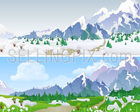 Hilly mountains Landscape in Seasons: winter, spring. Floral background changing seasons set 04