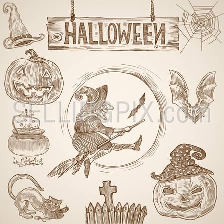 Halloween Vintage engraving graphics set: Witch on broomstick, bat, pumpkin, cemetery, cauldron, cobweb, cat, withes hat and text sign. Creative vector illustration design elements hand drawing style.