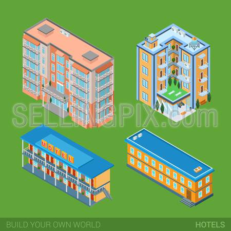 Architecture modern city Hotel buildings icon set flat 3d isometric web illustration vector. Apartment house, hotel, Road motel. Build your own world web infographics collection.