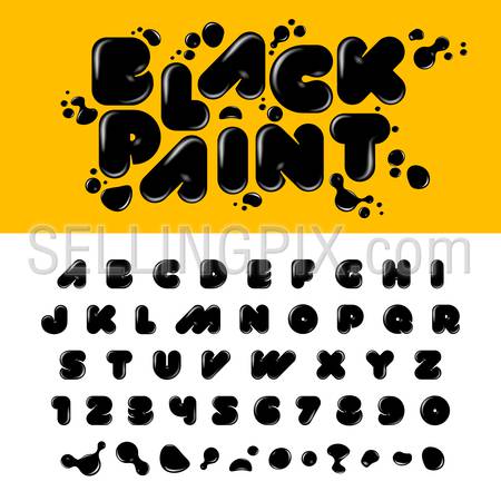 ABC stylish black ink blotch rounded modern placard lettering vector set. Full letter latin English alphabet font collection.