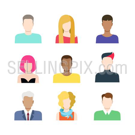 Set of casual people icons in flat style with faces. Vector men and women characters. Template concept collection of web profile avatar.