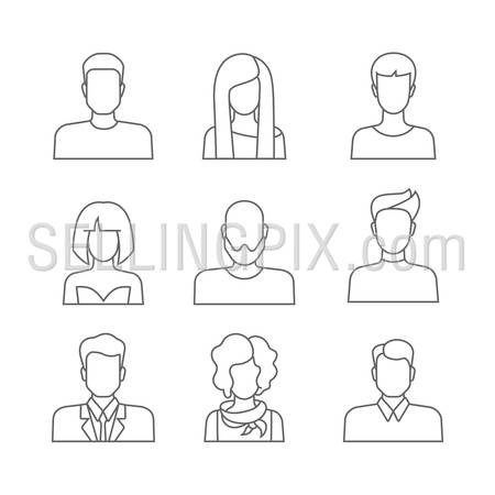 Set of casual people icons in lineart outline style with faces. Vector men and women characters. Template concept collection of web profile avatar. Line-art outlined trendy graphics.