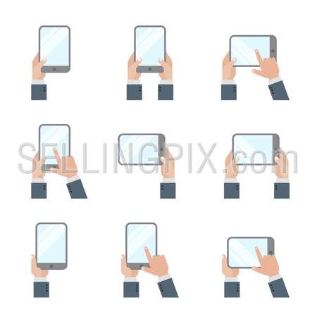 Hands holding Tablet PC Smartphone Hand Touching Screen Icons Flat style Mobile Phone and Digital Tablet gestures signs.