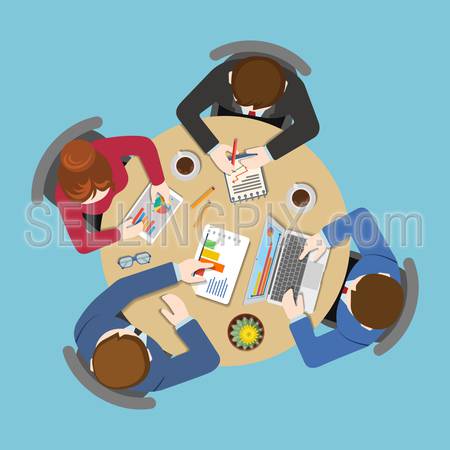 Office table top view business flat web infographic concept vector. Staff around table report analytics working tablet laptop empty background. Brainstorm report planning. Creative people collection.