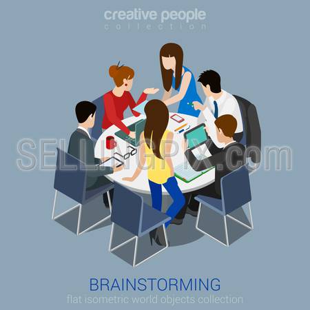 Brainstorming creative team idea discussion people flat 3d web isometric infographic concept vector. Teamwork staff around table laptop chief art director designer programmer.