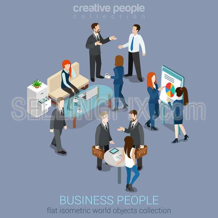 Flat 3d web isometric office room interior businessmen collaboration teamwork brainstorming waiting meeting negotiation infographic concept vector set. Creative people collection